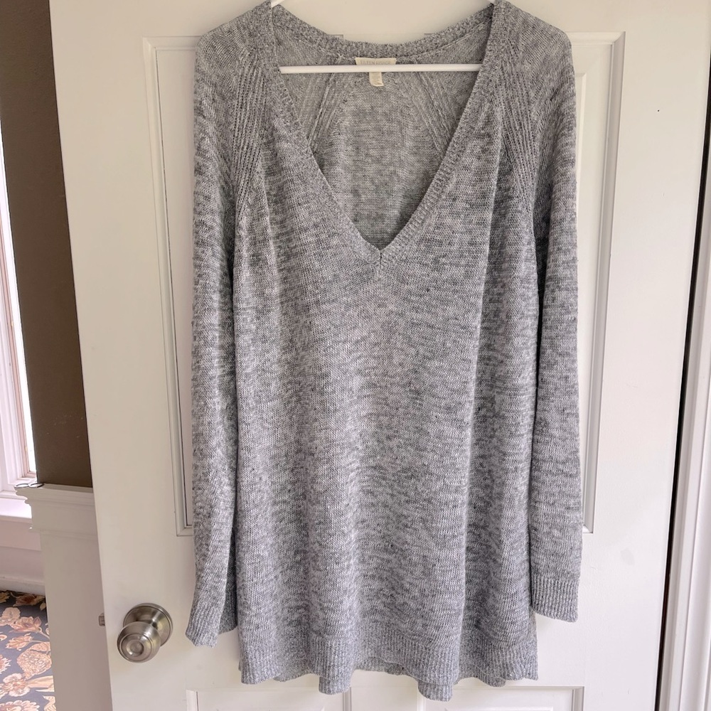 Eileen Fisher 100% Linen Gray V-Neck Rustic Linen Speckle Pullover Sweater